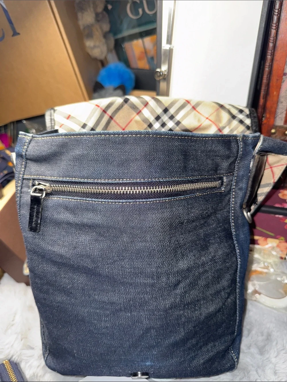 Burberry Blue Denim Messenger Bag with Beige Check Strap